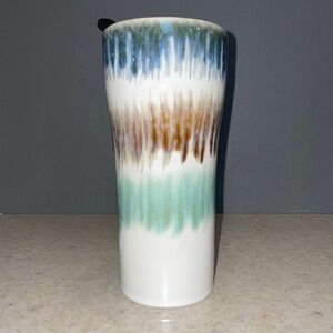 Boston Warehouse Stoneware Travel Mug Drip Glaze Art Pottery Tumbler 16oz.